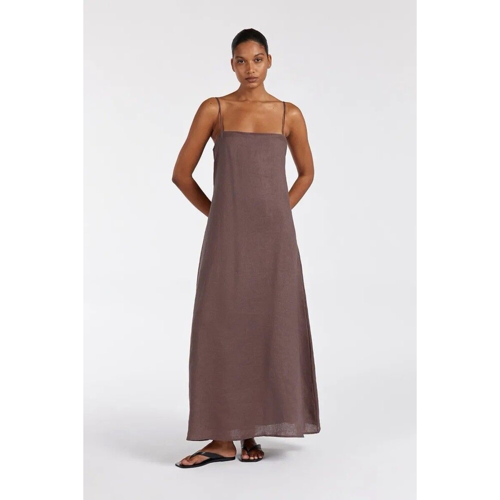 DISSH Brown Linen-Blend Slip Midi Dress